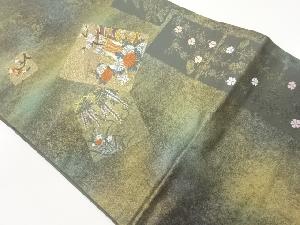 引箔色紙に御所車・草花模様織出し名古屋帯